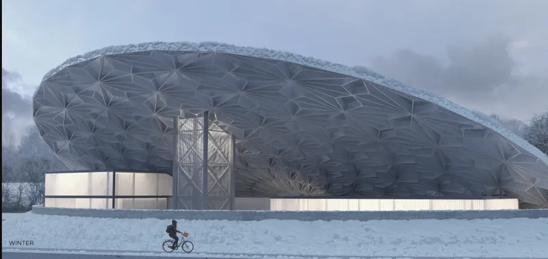 Side elevation showing the triangulated dome shell with cylindrical service tower and cyclist passing in winter snow