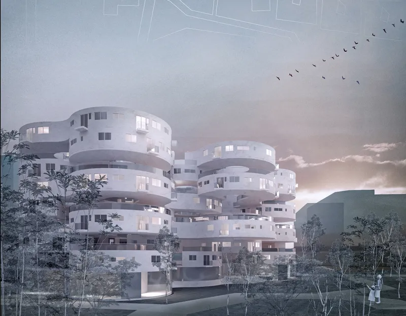 White residential towers with interlocking curved balconies at dusk with migrating birds overhead