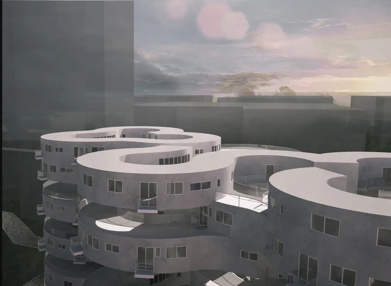 Rooftop view of the looping white terraces and circular courtyard openings at sunset