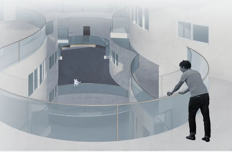 Interior courtyard rendering with curved glass balustrades and a figure leaning on the railing