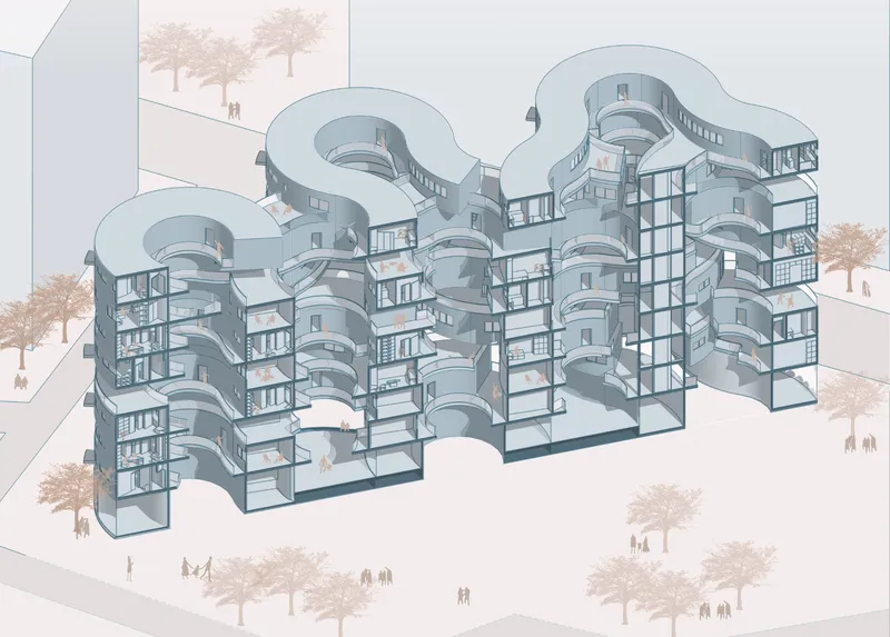 Axonometric drawing showing the ribbon-like floor plates wrapping around multiple cores with pedestrians and trees