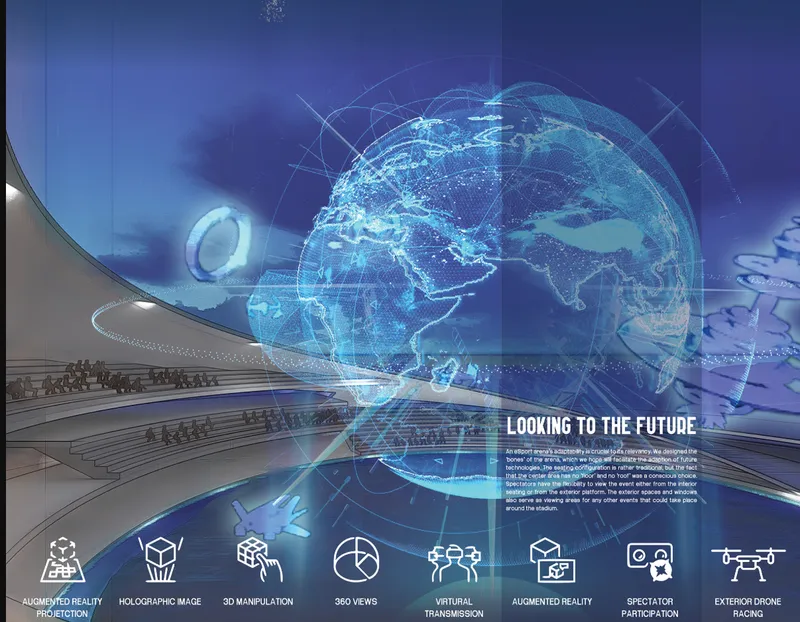 Rendering of interior space with holographic globe projection above crowds in an auditorium