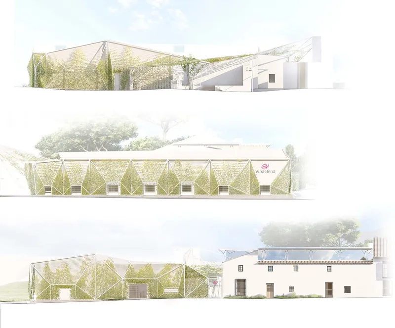 Elevation drawings showing three facades with geometric perforated screens and green plantings integrated throughout