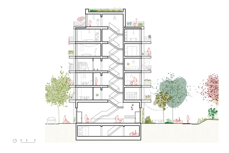 Section drawing showing the multi-storey residential building with central scissor stair and flanking trees