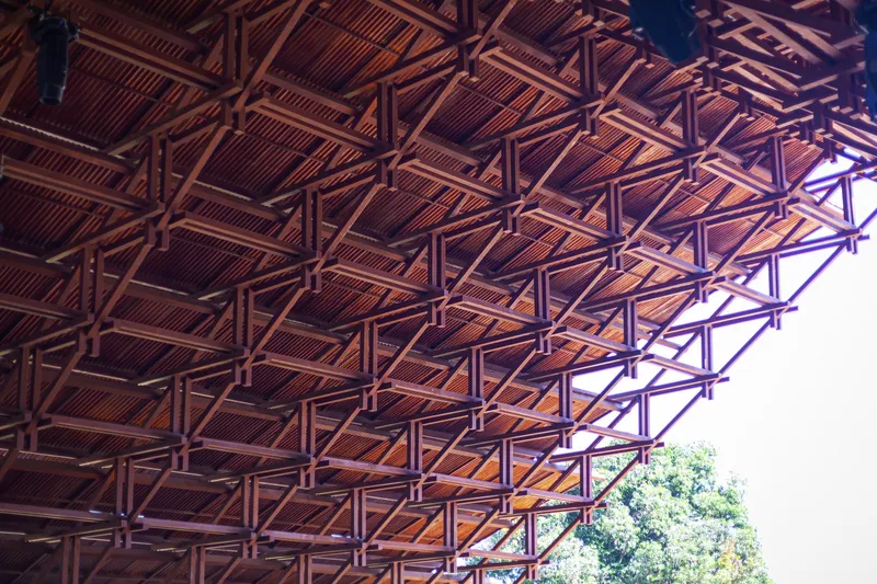 Detail of the underside of the timber lattice roof framing against bright sky