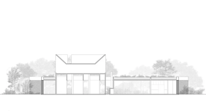 Elevation drawing showing the low horizontal profile with raised concrete tower and surrounding vegetation