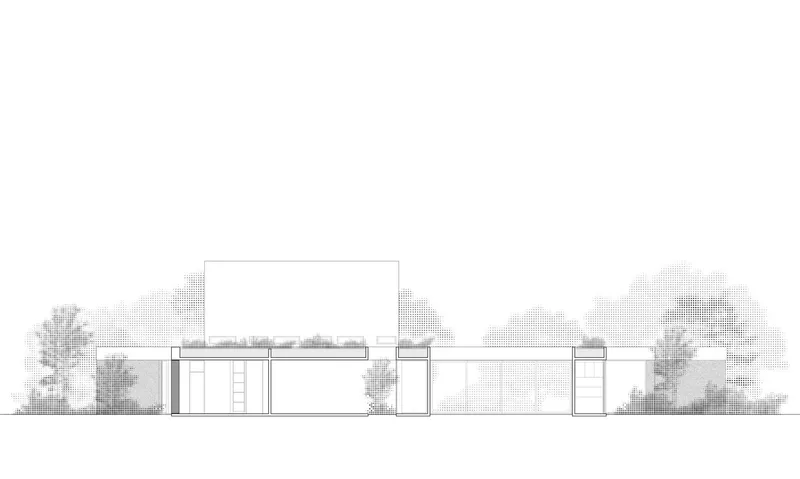 Elevation drawing illustrating the single-story volume with flat roof and flanking trees in stippled rendering