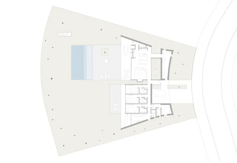 Floor plan drawing depicting the residence layout with pool, courtyard, and interior room divisions