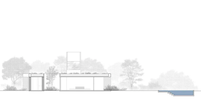 Elevation drawing showing planted roofs, a central tower element, and adjacent reflecting pool