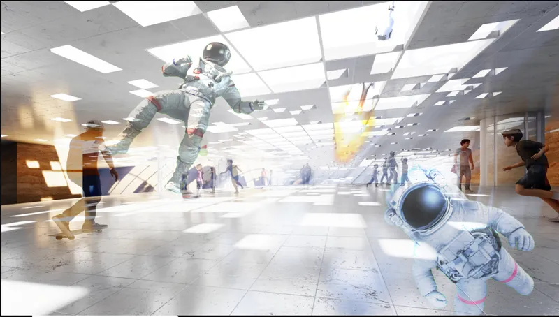 Interior exhibition hall showing suspended astronaut figures, a rocket sphere, and visitors beneath a gridded skylight ceiling