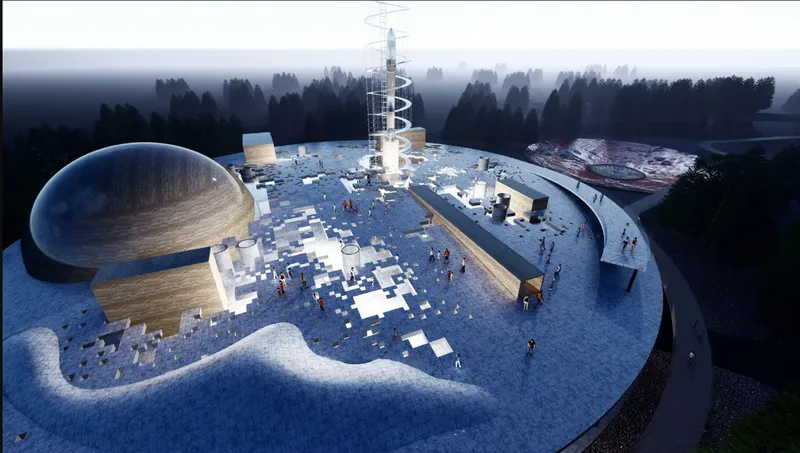 Aerial view of the cloverleaf roof with a spiral tower, domed volume, and visitors scattered across the snowy plaza