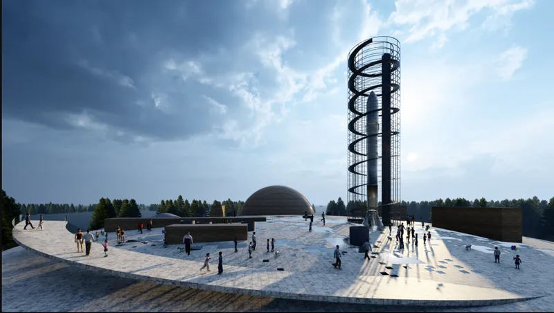 Wide view of the helical observation tower beside a domed structure on the curved plaza under dramatic clouds