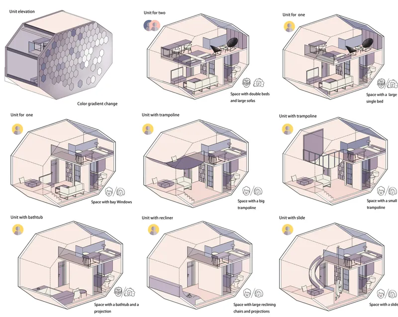 Customizable Hexagonal Living Spaces – Modular units designed for diverse lifestyles, featuring unique elements like trampolines, slides, and recliners.
