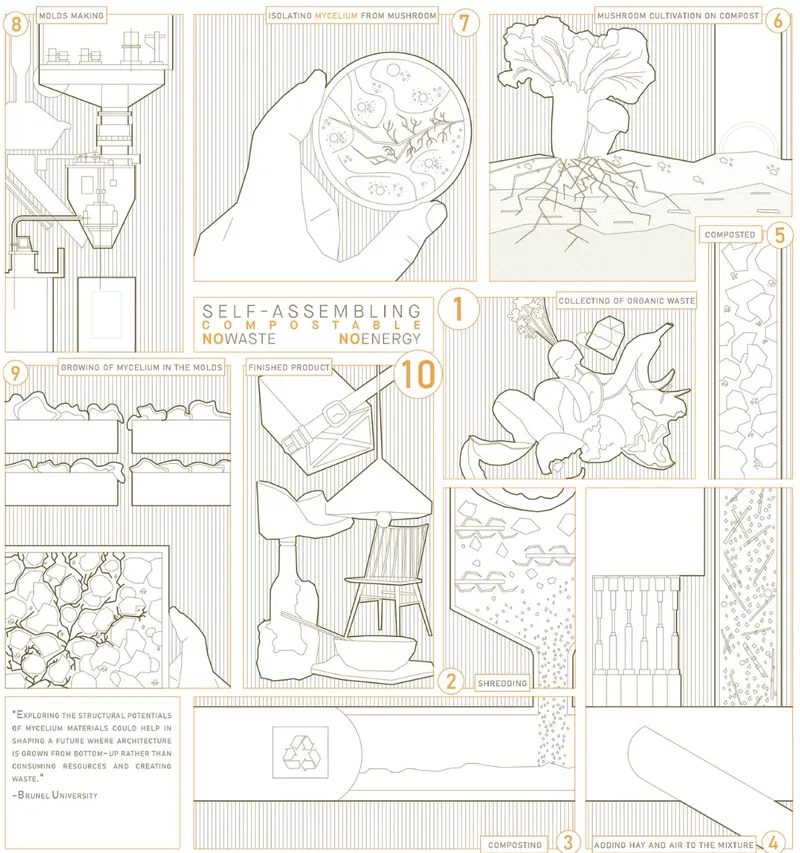 Diagram showing the mushroom cultivation process from mycelium growing through composting and shredding stages