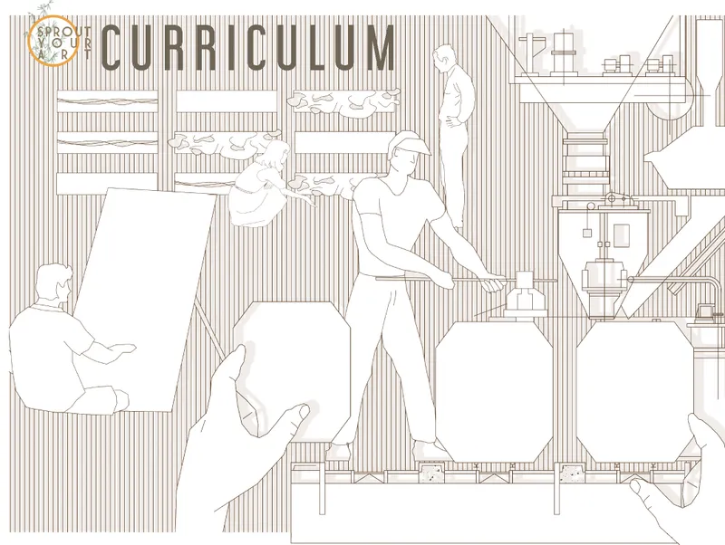 Section drawing depicting people working among large vessels and equipment in a mushroom production facility
