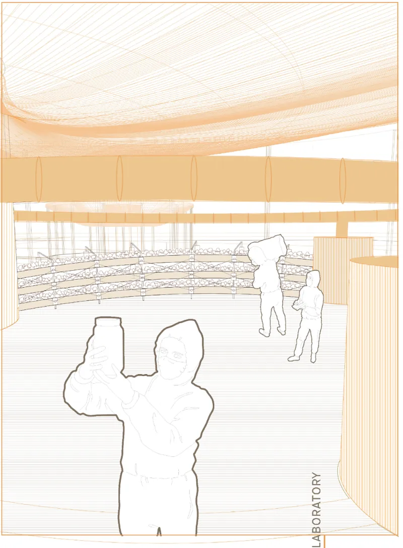 Interior perspective rendering with figures viewing tiered cultivation beds under a flowing organic ceiling canopy