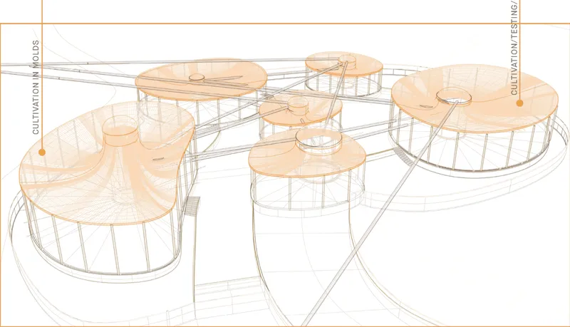 Axonometric drawing depicting interconnected circular structures with tensile canopy roofs and glazed cylindrical walls