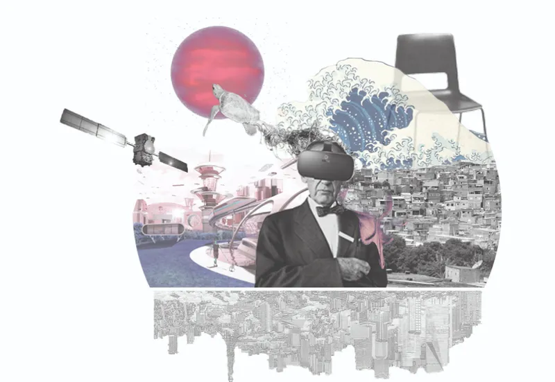 Collage drawing with wave motifs, dense urban settlement, and a satellite above a circular composition
