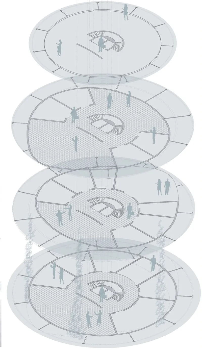 Axonometric drawing showing four stacked oval floor plates with radial circulation and scattered figures