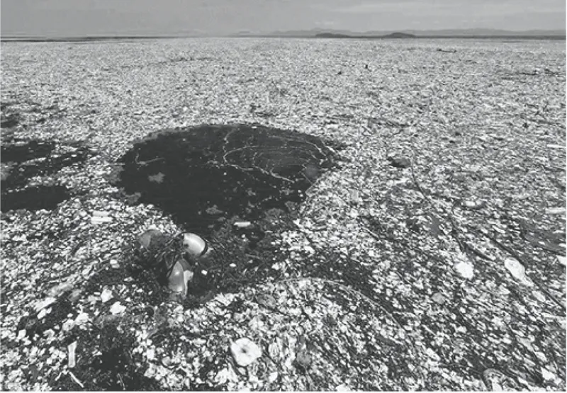 Aerial view of a figure standing beside a dark crater in a vast white pebble field
