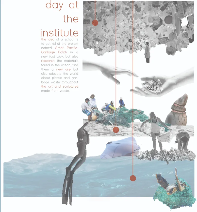 Collage illustration depicting divers, ocean debris, and suspended sculptural elements around a vertical core