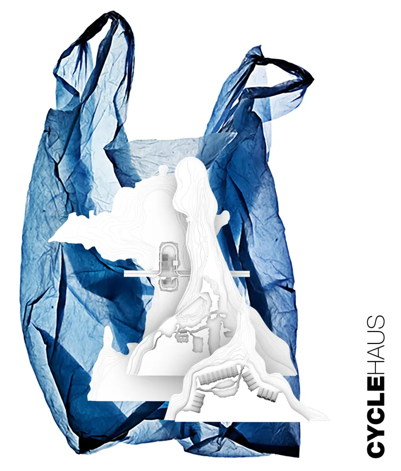 Conceptual collage showing white figure cutouts and a blue plastic bag framing interior spaces