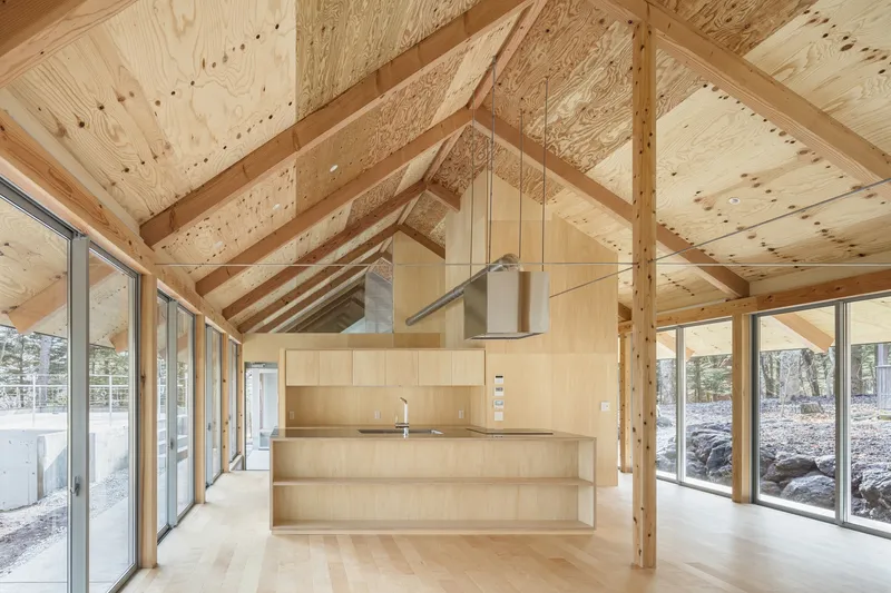 Interior view of the plywood-clad kitchen island beneath exposed timber rafters and ceiling panels