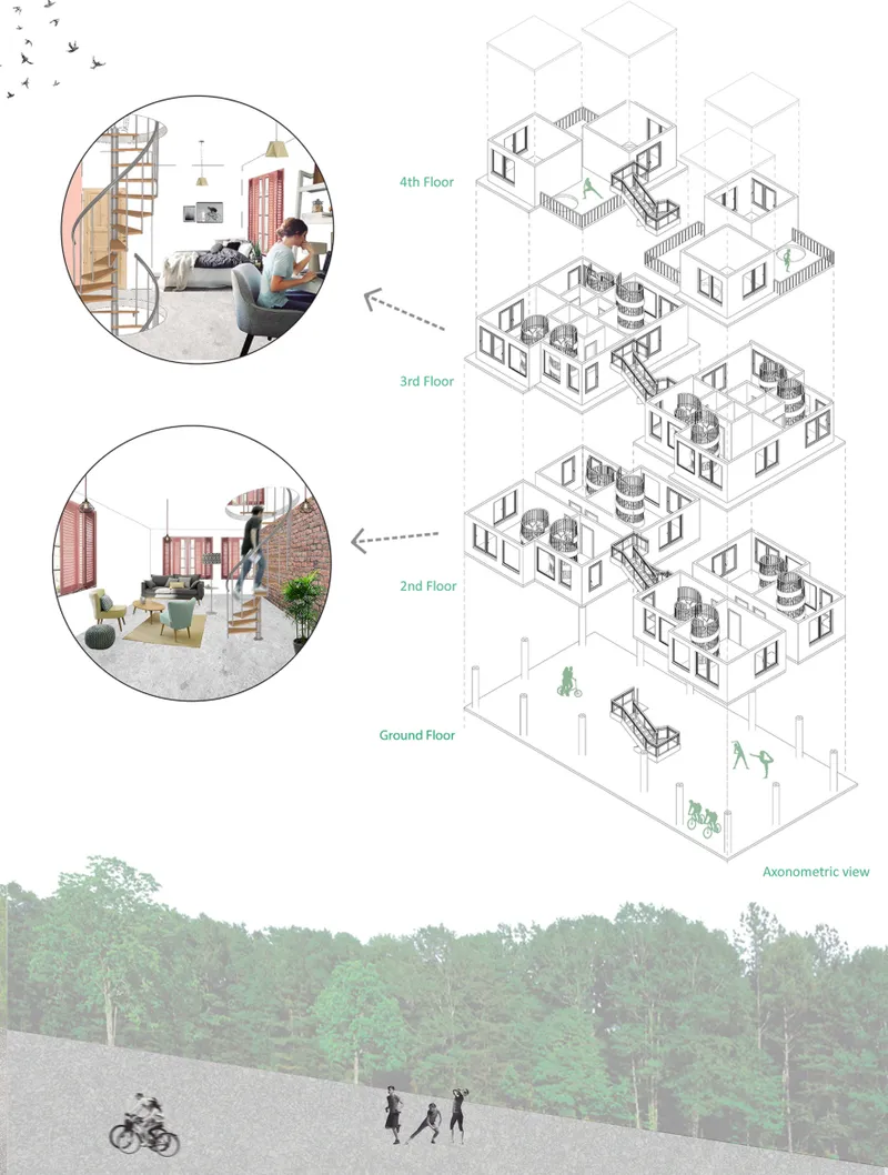 Exploded axonometric diagram showing four residential floors with spiral stairs and shared terraces