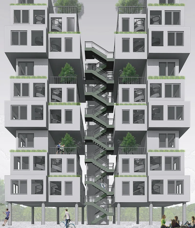 Elevation drawing of a residential tower with central zigzagging staircase and planted balconies