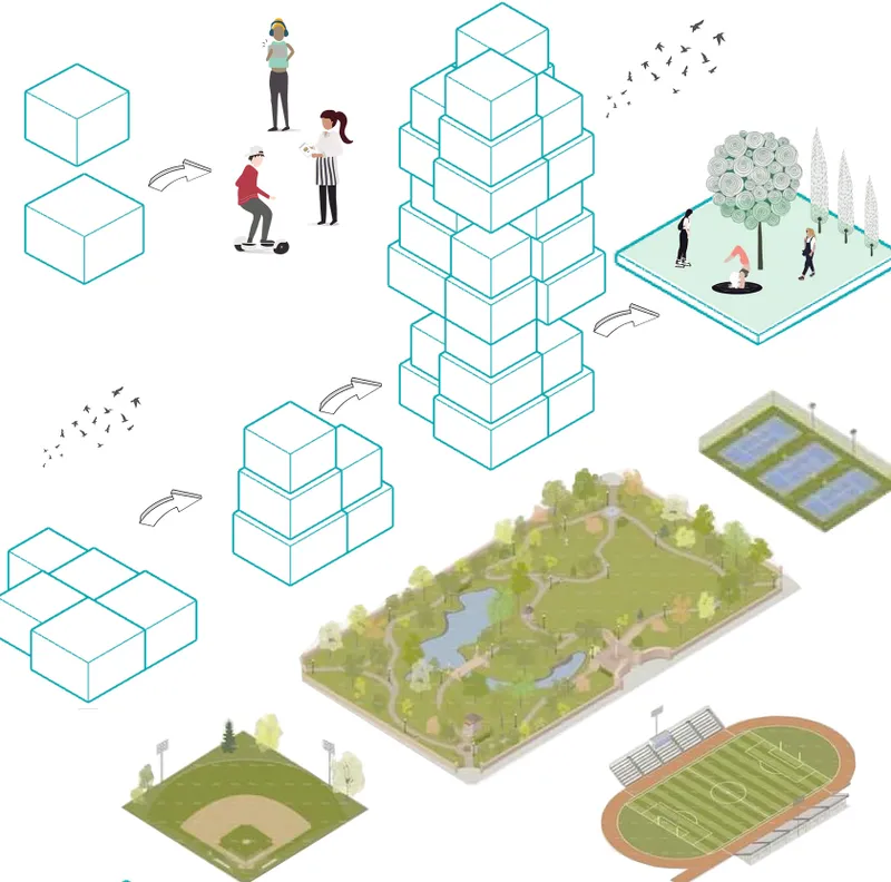 Axonometric diagram showing stacked modular volumes with green spaces and athletic fields below