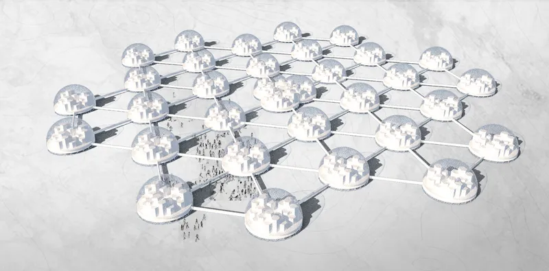 Aerial rendering of interconnected dome settlement with hexagonal linking corridors casting shadows