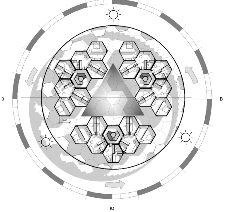 Circular floor plan drawing showing clustered hexagonal units with solar orientation diagram