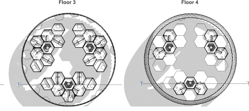 Floor plan drawings showing hexagonal modules tapering upward with progressively fewer rooms on upper levels