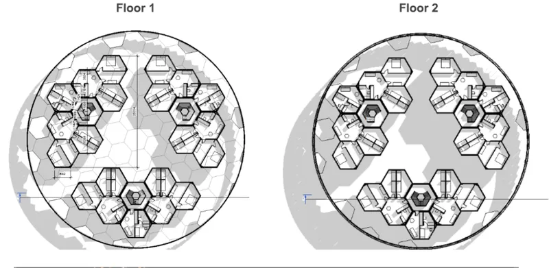 Floor plan drawings showing hexagonal room clusters arranged in a circular formation across two levels
