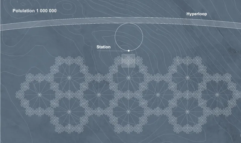 Diagram showing hexagonal settlement pattern with hyperloop station and topographic contour lines