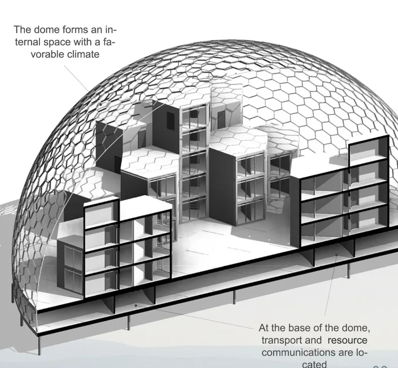 Sectional drawing through geodesic dome structure with interior housing units and hexagonal panel roof