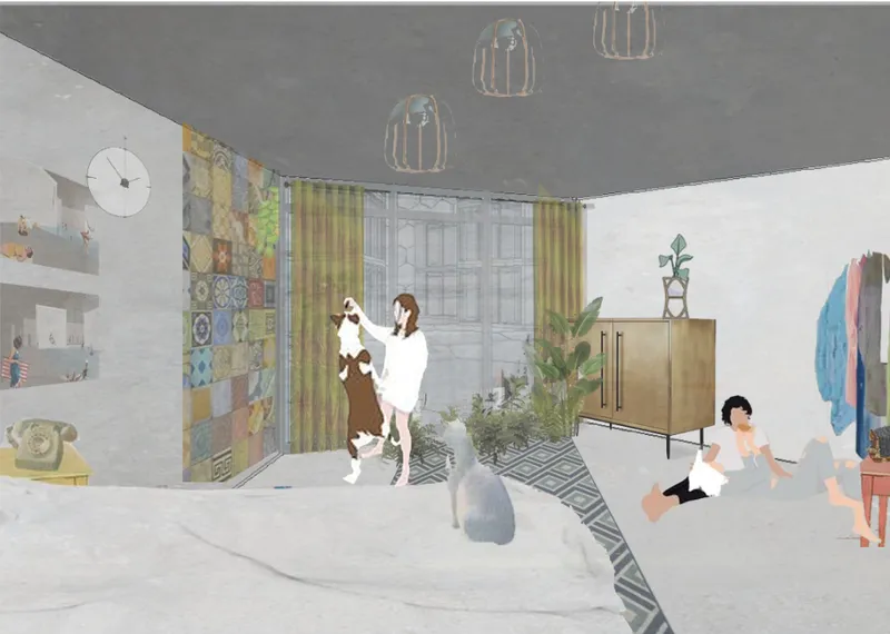 Living space rendering with patterned tile wall and figures on patterned floor runner
