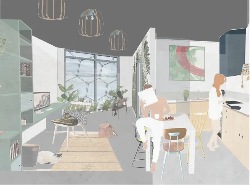 Interior rendering of kitchen and dining area with curved window wall and pendant lighting