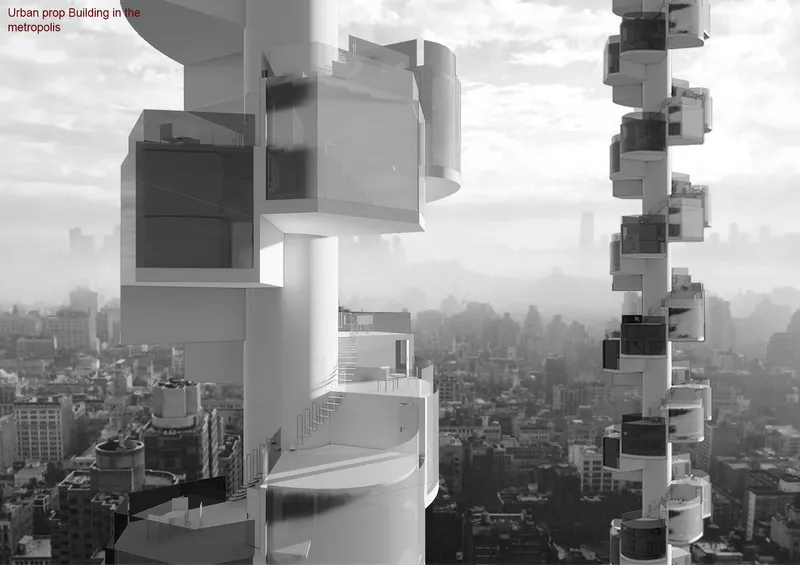 Exploded view model of stacked residential units with projecting balconies suspended over a hazy urban skyline