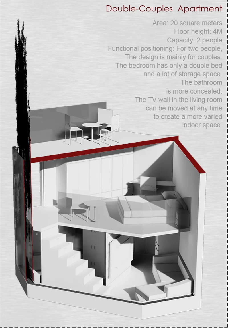 Axonometric cutaway drawing displaying a duplex unit with internal staircase and pitched roof