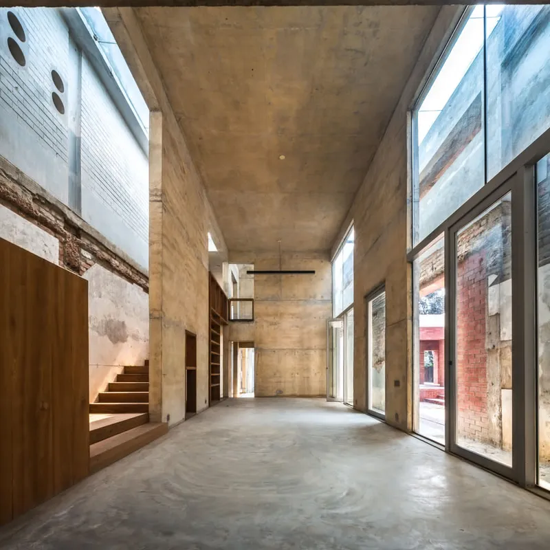 Double-height concrete interior hall with exposed formwork walls and timber stair alongside glazed openings revealing existing brick