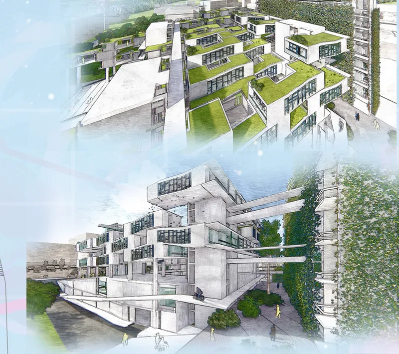 Aerial perspective rendering showing stepped concrete volumes with green roofs and vertical gardens