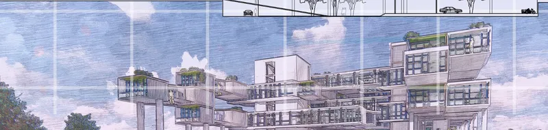 Sectional perspective drawing revealing staggered residential units with planted terraces under cloudy skies