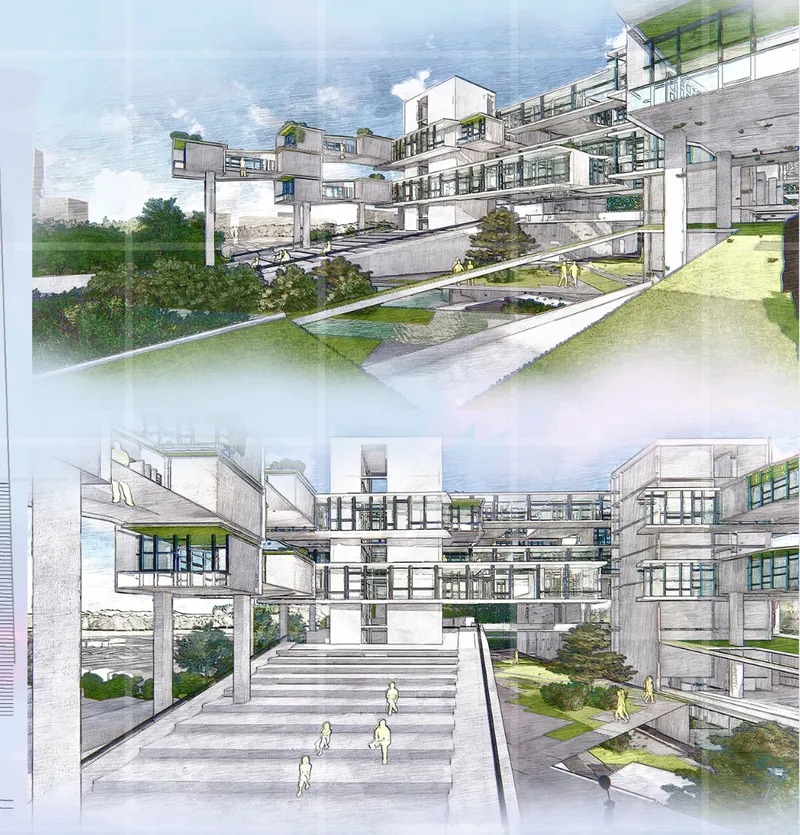 Rendered perspective showing tiered concrete housing blocks with landscaped courtyards and pedestrian pathways