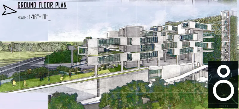 Perspective rendering of terraced concrete housing with green roofs viewed from ground level
