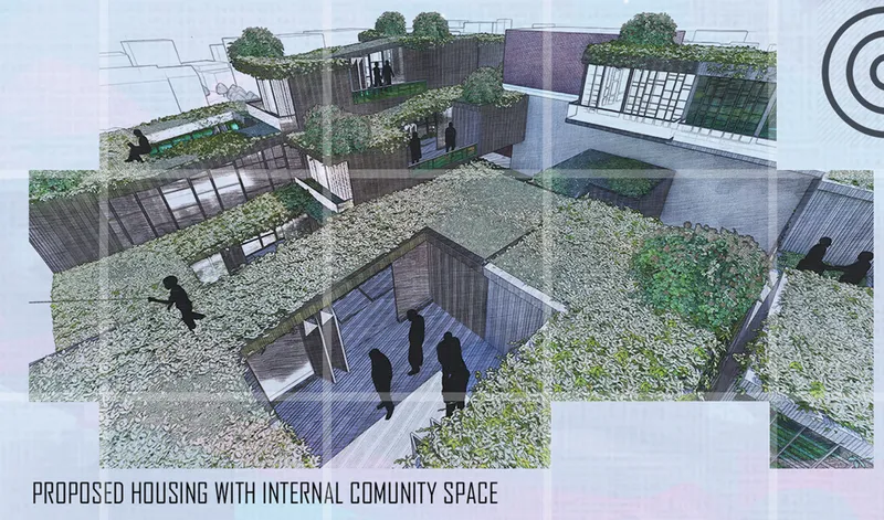 Axonometric drawing showing rooftop courtyard with gravel surface and planted beds between residential volumes
