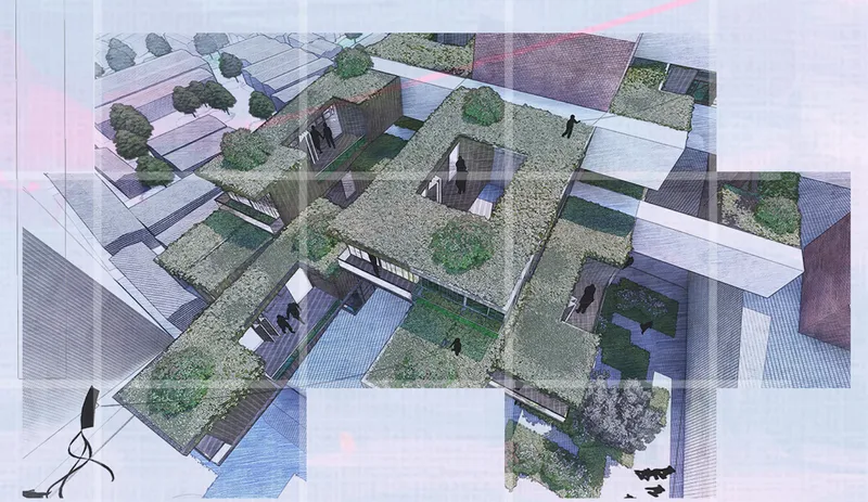 Axonometric drawing depicting clustered housing units with green roofs and internal courtyards