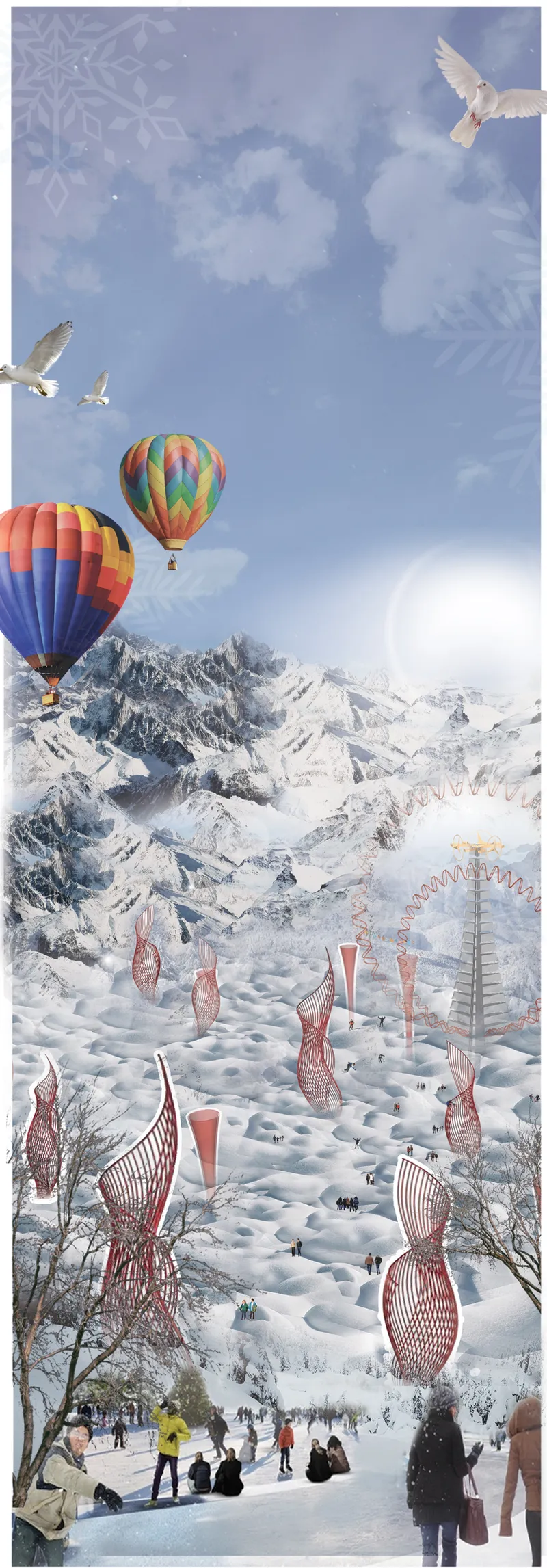 Aerial view of latticed timber sculptures ascending a snowy slope with hot air balloons overhead