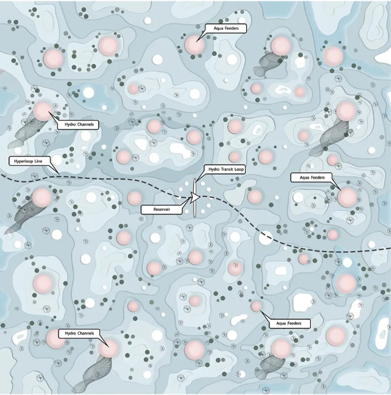 Site plan drawing showing circular pods clustered among organic water channels and vegetation zones