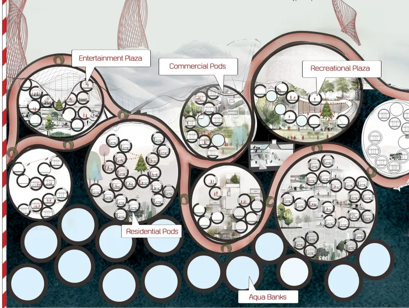 Sectional drawing through clustered circular volumes with integrated plazas above a water layer